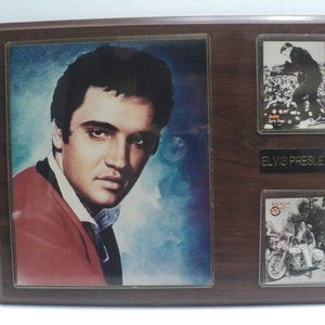 Elvis Presley Collage 12" x 15" Wood 1980's Photo, 2 Card Holders Vintage